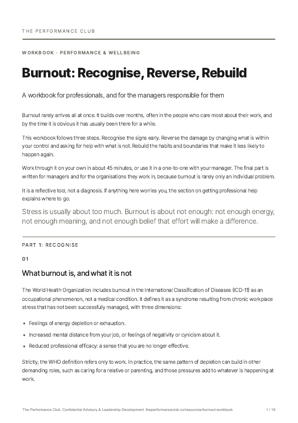 First page of Burnout: Recognise, Reverse, Rebuild
