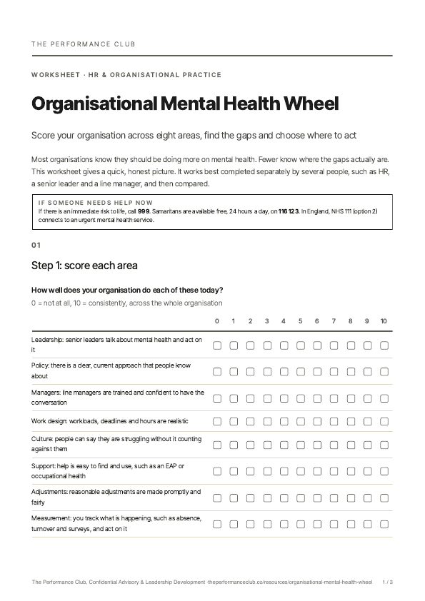 First page of Organisational Mental Health Wheel