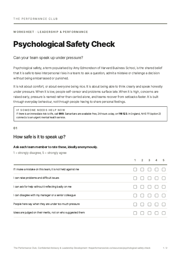 First page of Psychological Safety Check