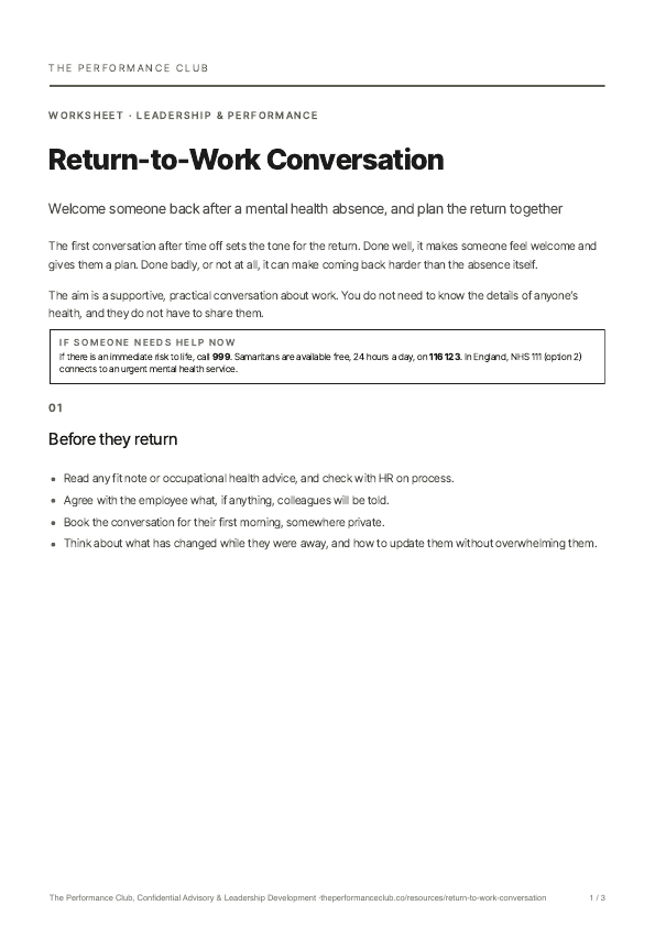 First page of Return-to-Work Conversation