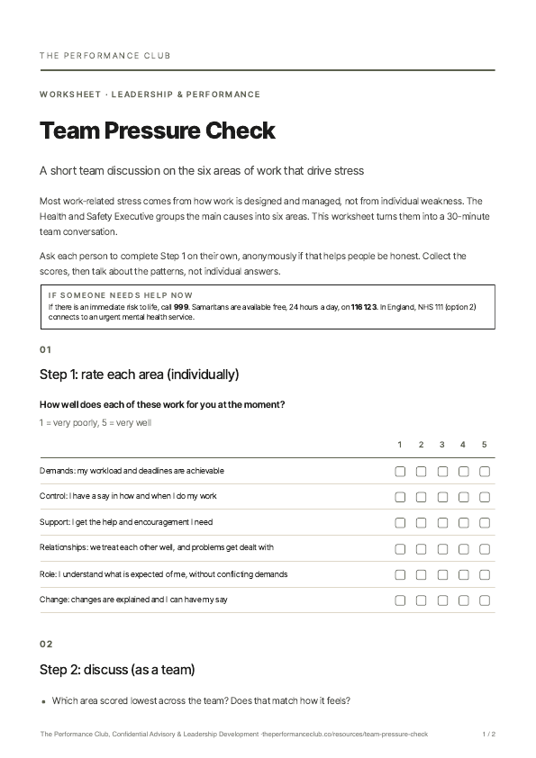 First page of Team Pressure Check
