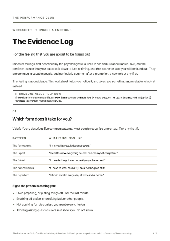 First page of The Evidence Log