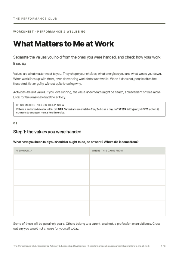 First page of What Matters to Me at Work