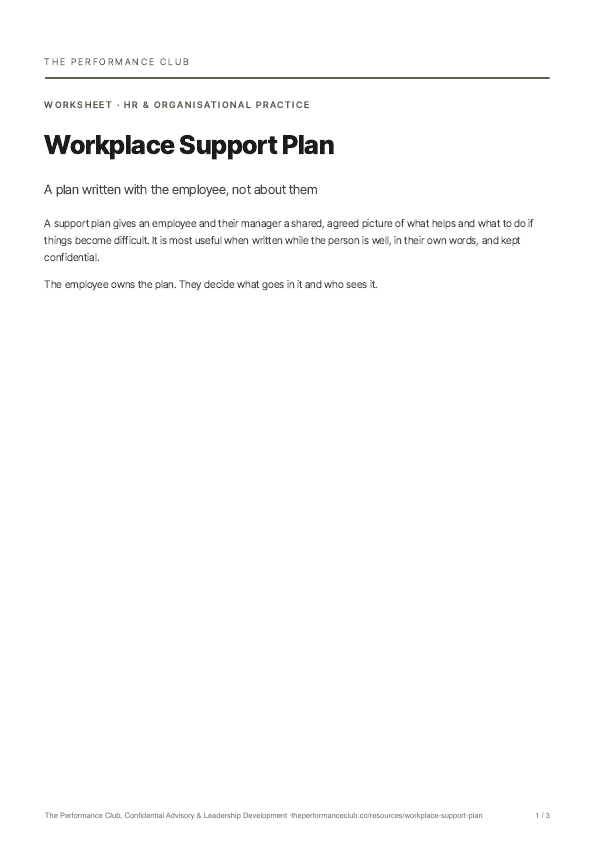 First page of Workplace Support Plan